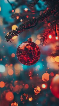 A close-up of a red and gold Christmas ornament hanging from a tree branch with blurred lights in the background.