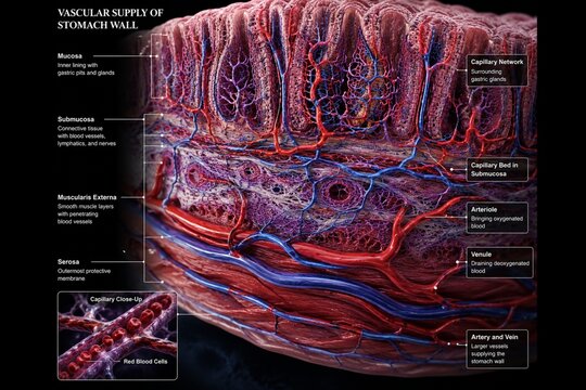 Vascular Supply of Stomach Wall Anatomical Diagram Showing Mucosa Submucosa Muscularis Externa Serosa and Capillary Network