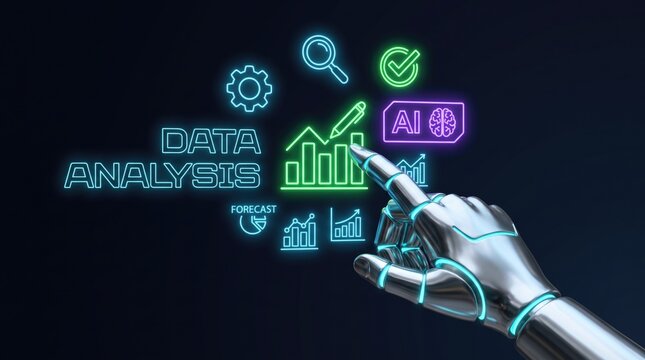 Futuristic data analysis with robotic hand, AI artificial intelligence icons and digital growth charts, cybernetic technology concept