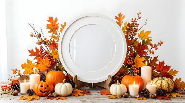 Autumn harvest centerpiece with white plate and fall foliage on rustic wooden table