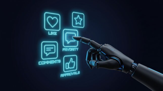 Robotic hand interacting with social media icons, artificial intelligence managing digital marketing, futuristic AI automation for online engagement