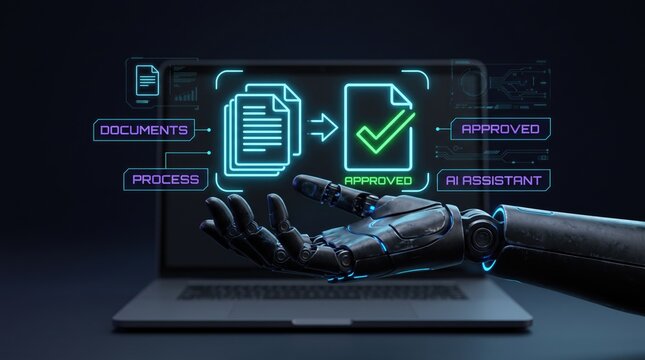 Robotic hand processing digital documents on laptop, AI assistant approving files, automated document workflow interface