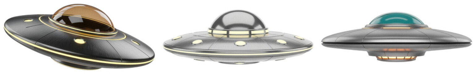 Set of three stylized 3D rendered flying saucers or unidentified flying objects, isolated on transparent background. © CatTuong