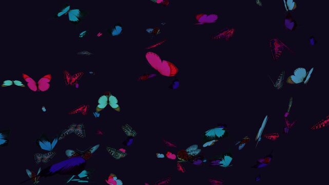 Bioluminescent 3D butterflies flutter gracefully in the dark in a moody night background suited for mystery themes, music videos, and creative overlays