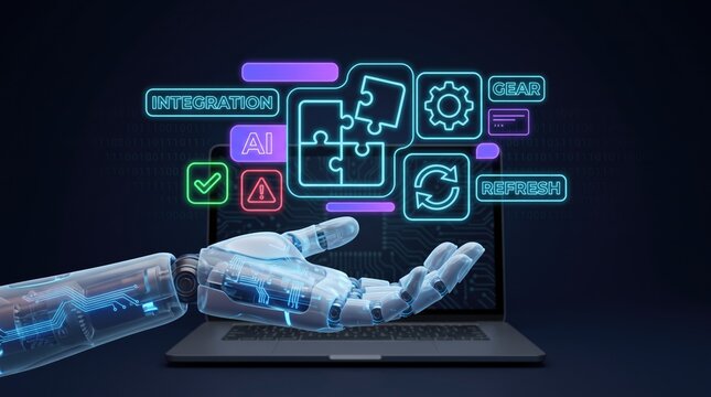 Robotic hand holding neon AI integration icons, futuristic artificial intelligence technology concept, digital automation and machine learning software
