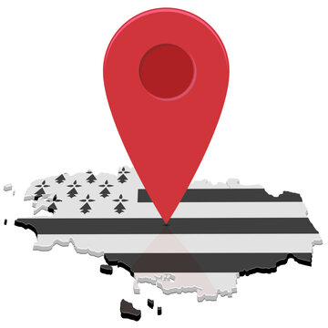 3D isometric map of Brittany with Breton flag texture and a large red pin pointer representing location, travel destination, navigation, and regional tracking (cut out)