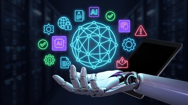 Artificial intelligence robot hand holding digital globe, neon AI technology icons, futuristic data center server room background