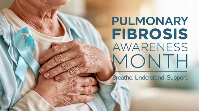 Banner composition, close-up of an elderly patient's hands resting on their chest, text "PULMONARY FIBROSIS AWARENESS MONTH"subtitle text "Breathe. Understand. Support."
