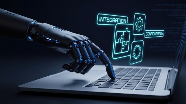 Robotic hand using laptop for software integration, cyborg arm typing on keyboard, artificial intelligence configuration and digital automation