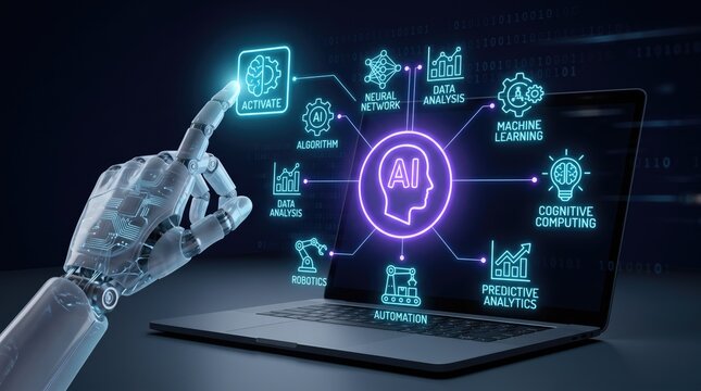 Artificial intelligence robot hand touching laptop screen, futuristic AI machine learning interface, robotic automation technology
