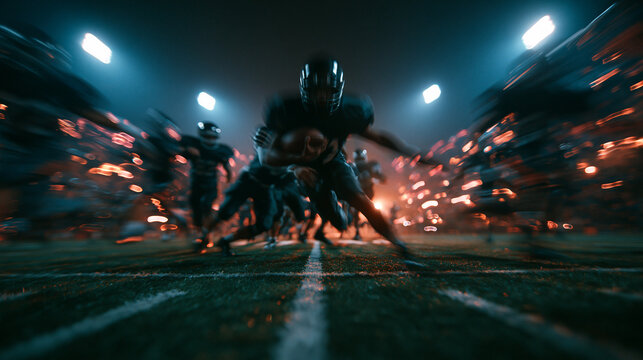 American Football Player Running with Ball in Stadium Night Game