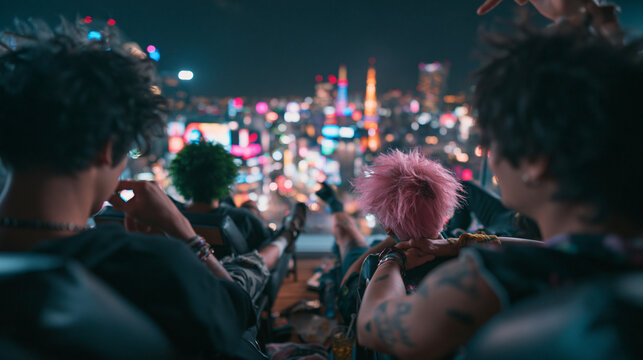 Young Punk Friends Overlooking Futuristic City Skyline at Night
