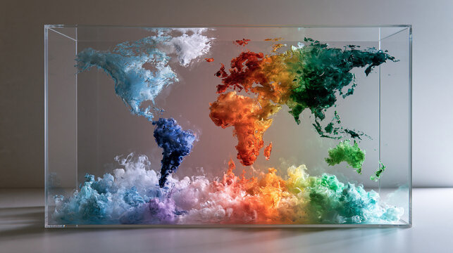Colorful World Map Formed by Ink in Water Tank
