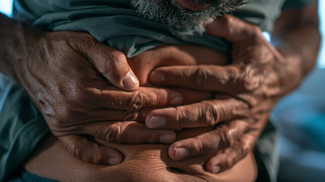Senior Man Holding Stomach Suffering From Abdominal Pain