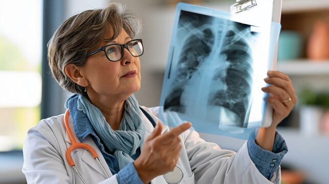 Pulmonary Fibrosis Awareness Month:a pulmonologist in her 50s holding up a chest X-ray showing lung scarring against a bright lightbox, focused compassionate expression
