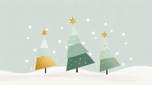 Snow falling on festive christmas trees with golden stars in a winter wonderland scene