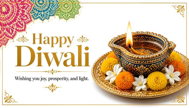 Happy diwali greeting card featuring a glowing traditional oil lamp with colorful floral rangoli decorations
