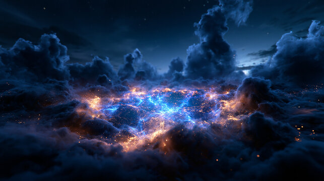 Glowing Blue Energy Bursting Through Dark Clouds in Night Sky