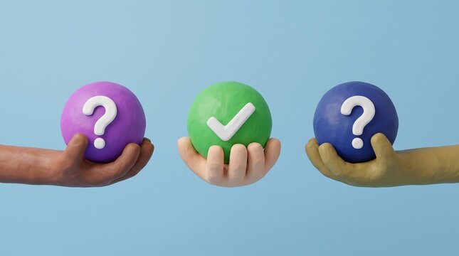 Three clay-style hands hold colorful spheres: two marked with question marks and one in the middle with a checkmark, symbolizing making the right choice or finding the correct solution.