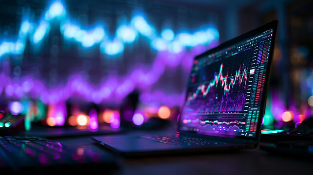 Laptop Displaying Stock Market Charts and Financial Trading Data