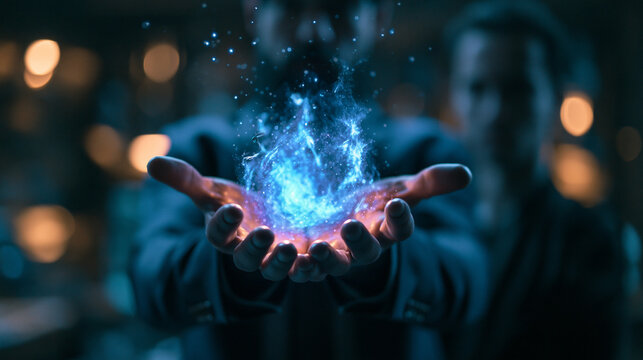 Hands Holding Glowing Blue Energy Sphere in Dark Space