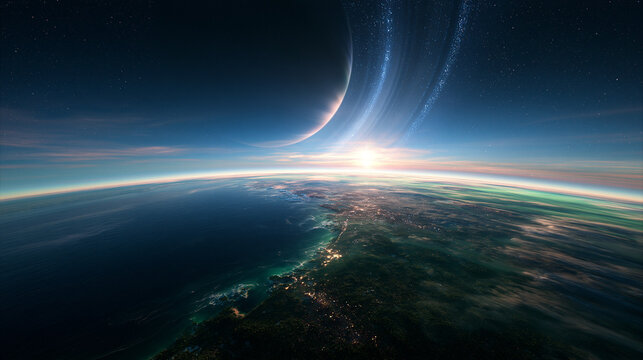 Exoplanet View from Orbit Showing Atmosphere Ocean and Ringed Planet