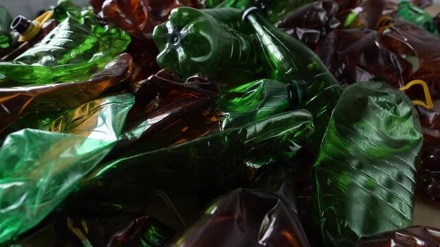 PET bottle waste. Green and brown plastic recycling
