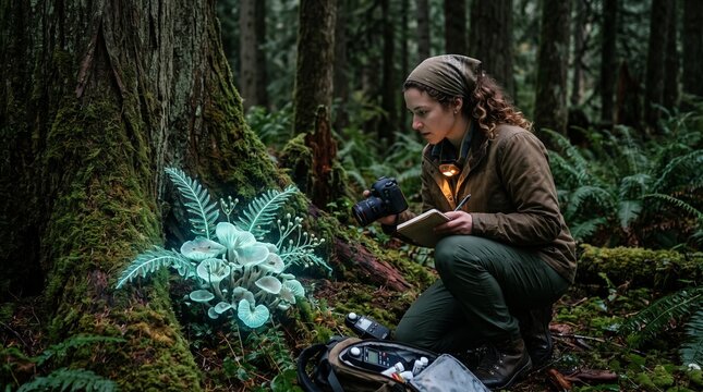 A woman botanist explores a glowing magical plant in a deep mystical forest with her camera and notebook