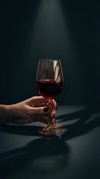 Hand holding wine glass filled with red wine against dark background