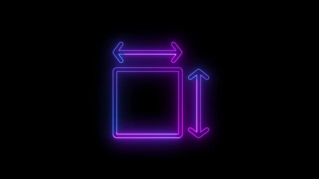 Glowing neon resize and dimension icon featuring horizontal and vertical arrows around a square frame on a dark background. Suitable for design, scaling, size adjustment, interface, technology,