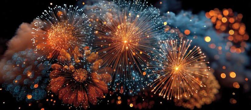 A vibrant display of abstract fireworks erupting in the night sky, showcasing dynamic colors and shapes