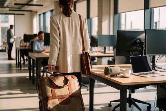 Rear view of businesswoman walking into modern open plan office with luggage and leather shoulder bag for business trip