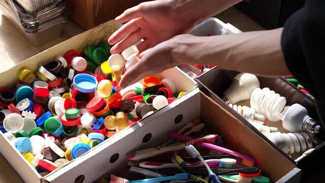 Bottle Caps Plastic. Waste Sorting Person