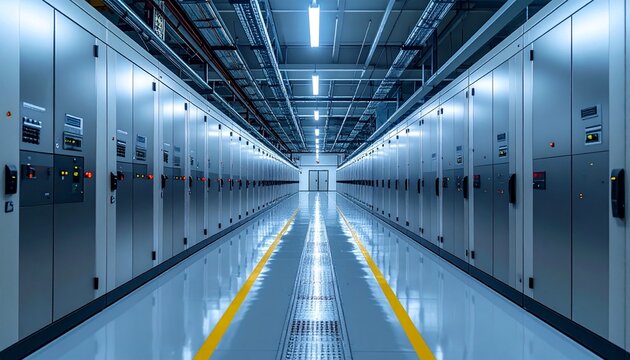 Modern Data Center Server Room with Blue Lighting and Network Infrastructure