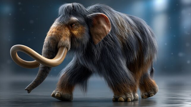 A woolly mammoth walking through a snowy background for educational content.
