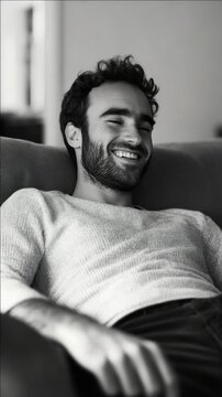 A cheerful young man with beard is laughing and resting his arm on the sofa. He wears a comfortable sweater.