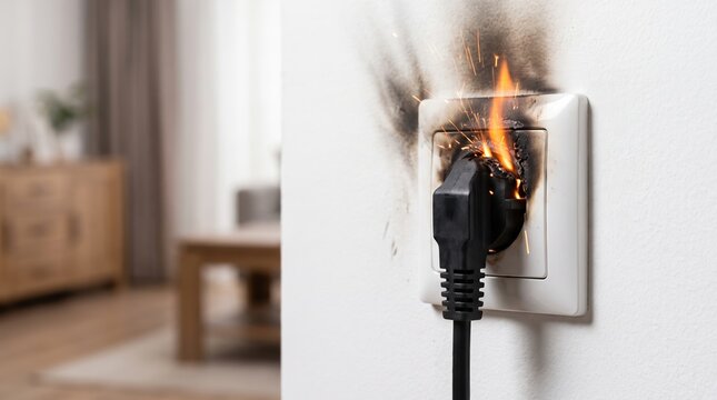 An outlet is on fire in a living room. Smoke and flames are coming from the plug. Furniture is visible in the background. 