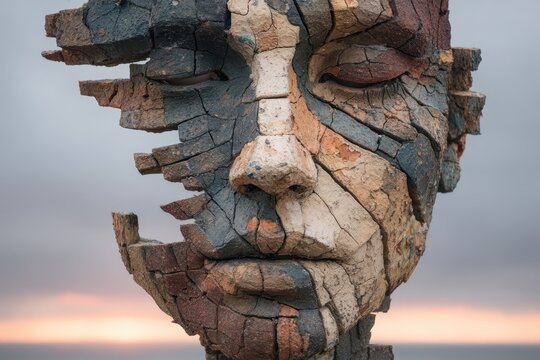 Fragmented outdoor stone sculpture of a face with closed eyes. Textured and cracked surfaces