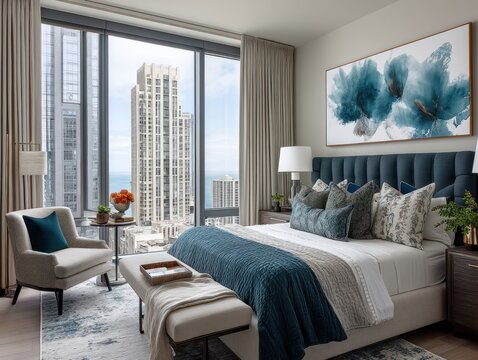 Chic bedroom with city view, large window, teal accents, and abstract art