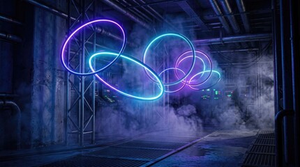 Fototapeta premium Futuristic industrial factory interior with glowing blue and purple neon rings and thick smoke atmosphere