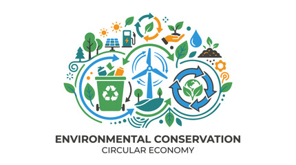 Fototapeta premium Environmental Conservation Illustration Showing Circular Economy with Recycling Renewable Energy and Nature Elements