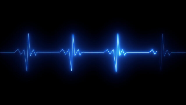 A glowing neon blue heartbeat rhythm line displayed as an electrocardiogram ekg monitor signal, featuring sharp peaks and horizontal waves isolated against a deep, solid black background for