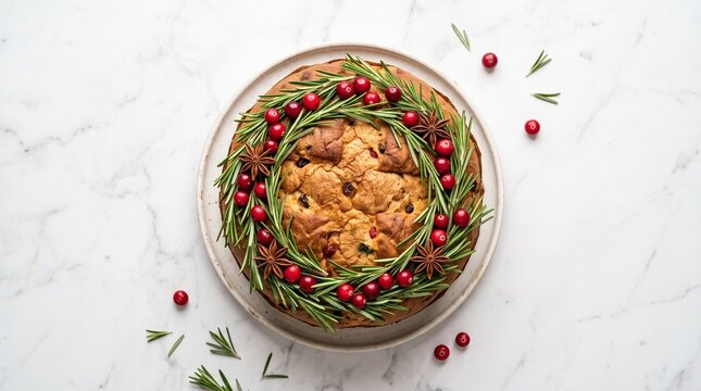 Festive Christmas fruitcake decorated with a wreath of fresh rosemary cranberries and star anise on a marble background