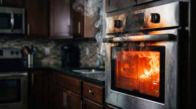 A kitchen in a house shows flames and smoke coming from the oven. This incident occurs while food is being prepared. The scene captures the urgency of the moment