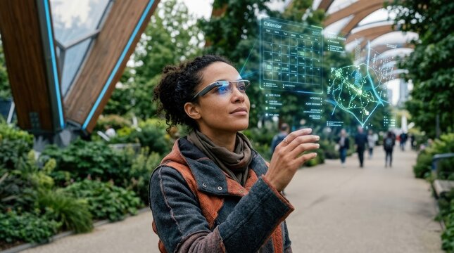 Woman using futuristic augmented reality smart glasses with holographic digital display in modern urban park.