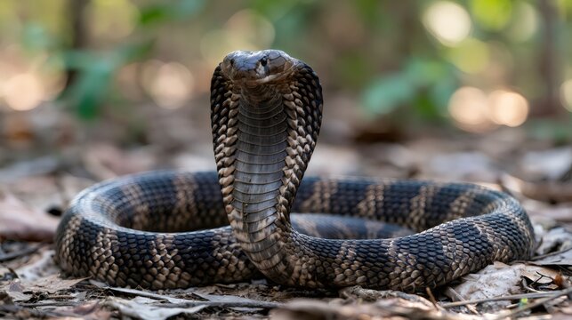 Cobra raising head, displaying hood in forest