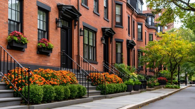 Beacon hill brownstone townhomes with fall flowers on a boston street