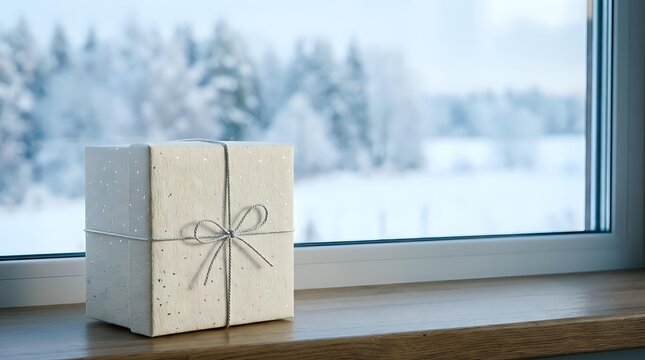 Wrapped gift box with a twine bow on a wooden windowsill overlooking a snowy forest