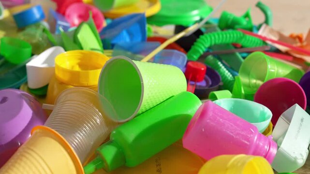 Plastic waste from disposable packaging. Used tableware, broken plastic toys, food packaging, shopping bags