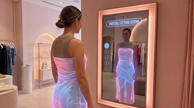 Woman using smart virtual fitting room mirror technology in modern retail store